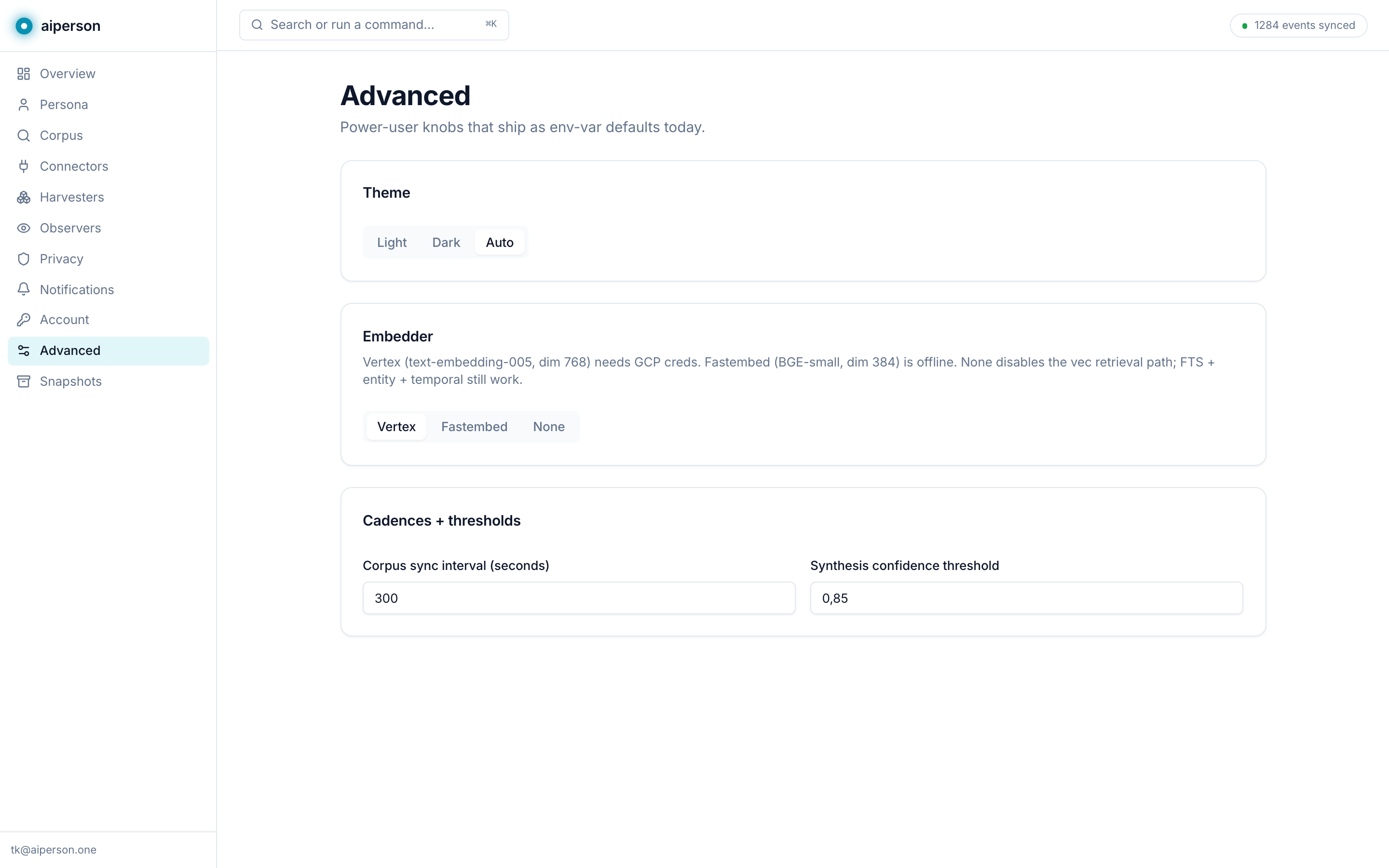 Advanced settings — embedder, sync, thresholds
