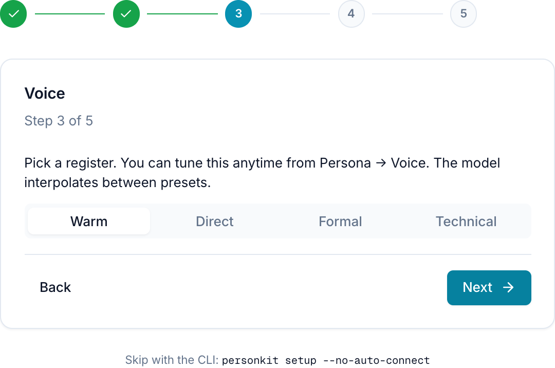 Setup wizard — pick a voice register