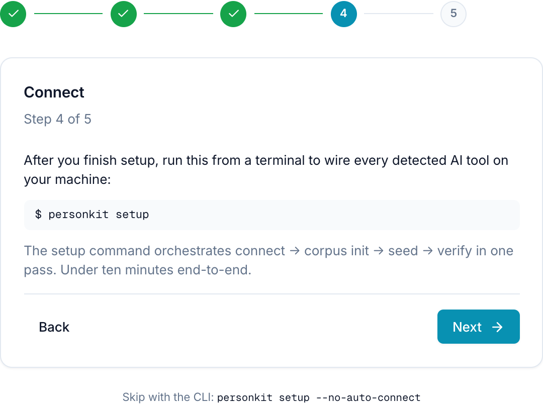 Setup wizard — connect step showing personkit setup